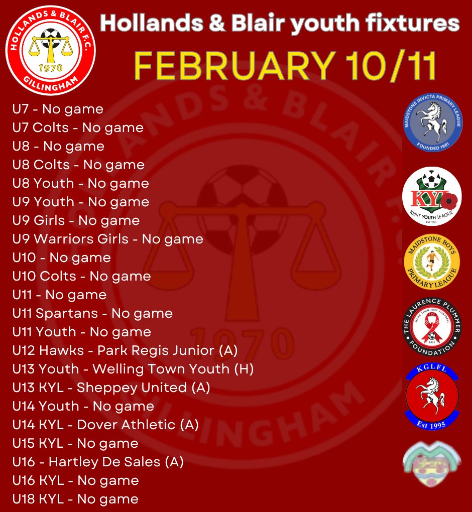 handbfcyouth's tweet photo. Just five games for our @hollandsblairfc youth sides this weekend as most of the boys and girls get a well-deserved half-term break. Good luck to those who've got a game @KentYouthLeague @KGLFL @PrimaryLge 🔴⚪️🔵🟡⚽️⚽️⚽️⚽️ https://t.co/PqXsvVAPKk
