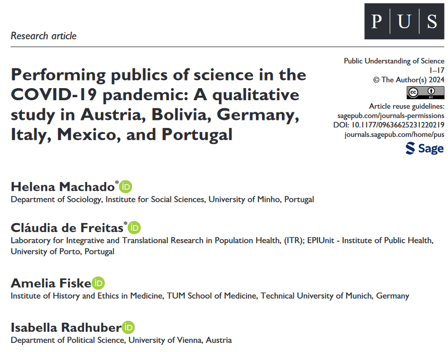 Our paper on how #publics understand and relate to #science in the context of COVID-19 is out! Fabulous collaboration @SolPan_Plus project with @HelenaCFMachado Amelia Fiske @IRadhuber @SusanaMRDSilva Christian Grimaldo-Rodríguez Carlo Botrugno @mrllcu journals.sagepub.com/doi/pdf/10.117…