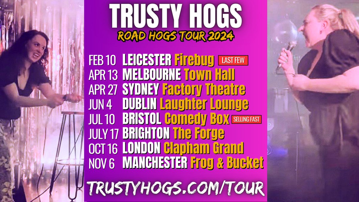🚗Vroom, vroom! Beep, beep! Motherf*ckers…🚗 Our 2024 starts TOMORROW in Leicester & then we’re going all over the WORLD! Tickets available now & you can get Patreon discounts for Manchester, London & Dublin 🥳 Where will you be seeing the Hogs? 🐷👀 TrustyHogs.com/tour