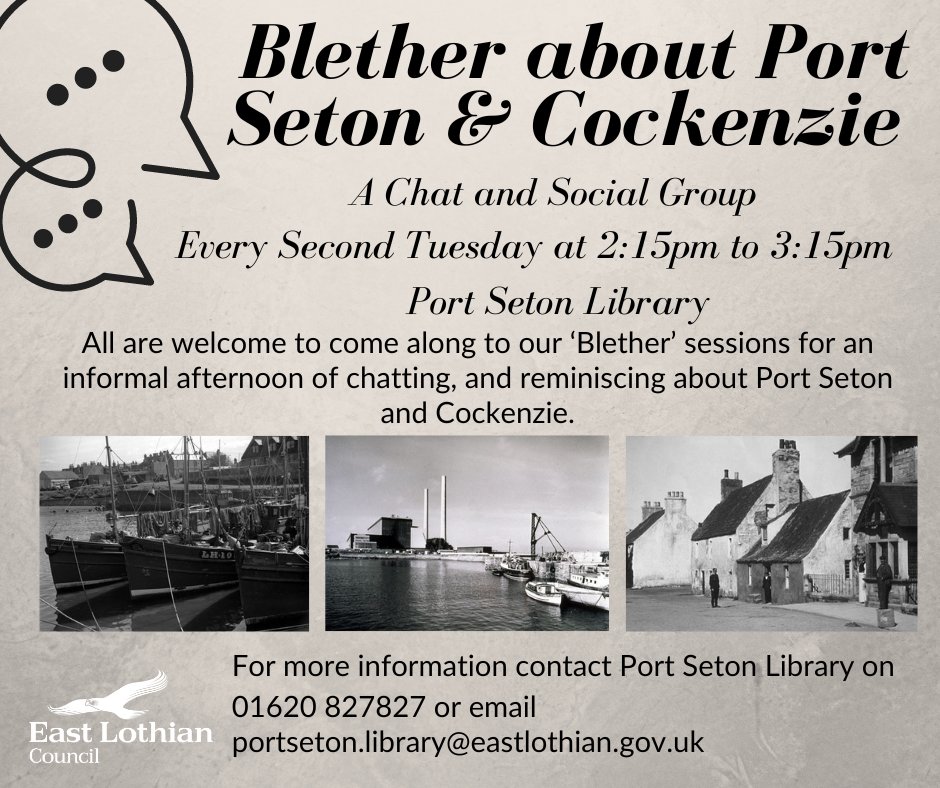 Come along to our 'Blether about Port Seton & Cockenzie' social group & enjoy informal conversations over a cuppa tea. ☕ Reminisce & share stories & memories of Port Seton & Cockenzie. Every second Tuesday - next session on 13 February⏰ 2:15pm to 3:15pm at Port Seton Library.