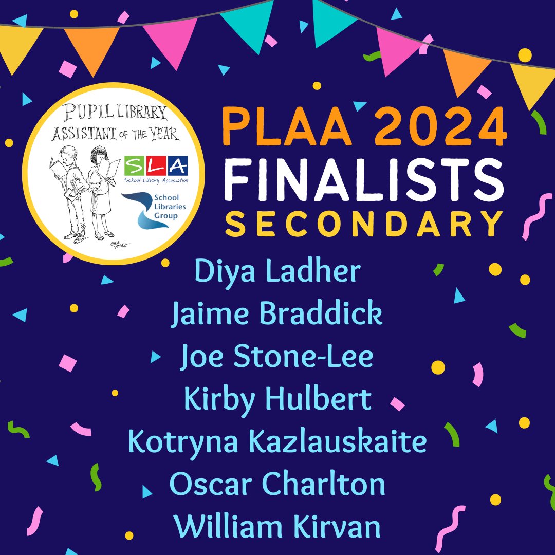 We are very excited to announce our seven Secondary Finalists for the Pupil Library Assistant of the Year Award 2024! Congratulations to the Finalists and to all of the nominated Pupil Library Assistants. #PLAA2024 #PupilLibrarians #SchoolLibraries