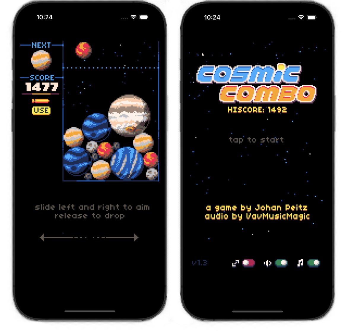 johanpeitz's tweet photo. Cosmic Collapse, now also know as Cosmic Combo, is out on iOS!
🪐 Merge planets!
🚶 On the go!
👯 Tell a friend!
👉 https://t.co/Wdlh128nYo

#pico8 #gamedev #pixelart https://t.co/cw6u85mOER