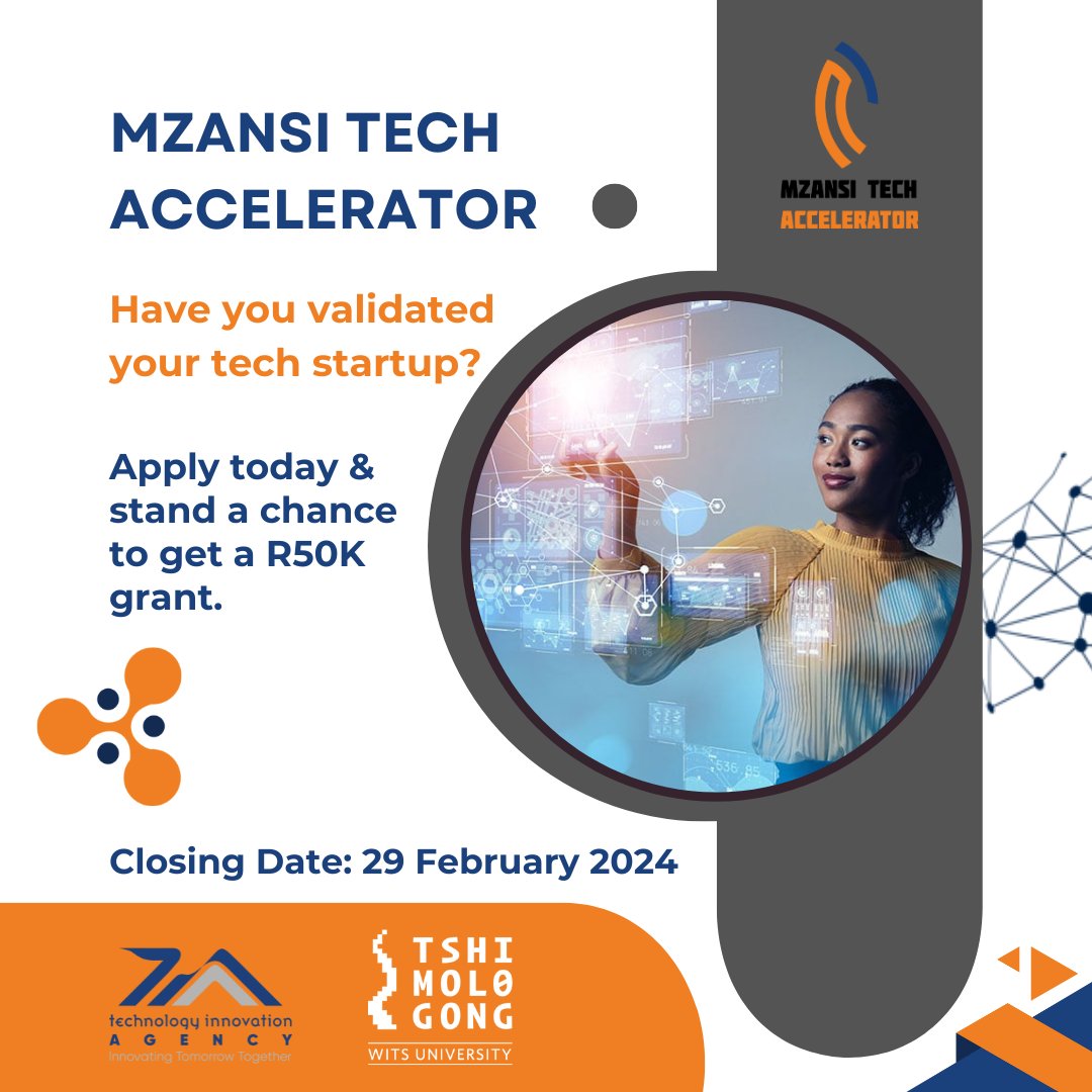 TshimologongIT's tweet photo. We present the Mzansi Tech Accelerator, a tech startup support program in collaboration with the @tiaorgza.
The top-performing startup will get a R50,000π΅ grant.
π : Feb 29, 2024
π : https://t.co/pW4YNGiw9i
#MzansiTech #Accelerator #Techprogramme #techaccelerator #startup https://t.co/q2XTNheLgO