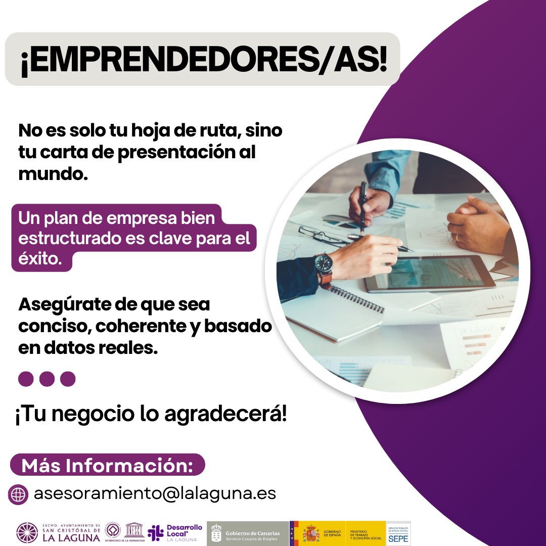 🌟 ¡Emprendedores/as! Un plan de empresa bien estructurado es clave para el éxito. 
🚀Asegúrate de que sea conciso, coherente y basado en datos reales. ¡Tu negocio lo agradecerá!
👉 Contáctanos para más información: asesoramiento@lalaguna.es
#PlanDeEmpresa #PRODAE2024