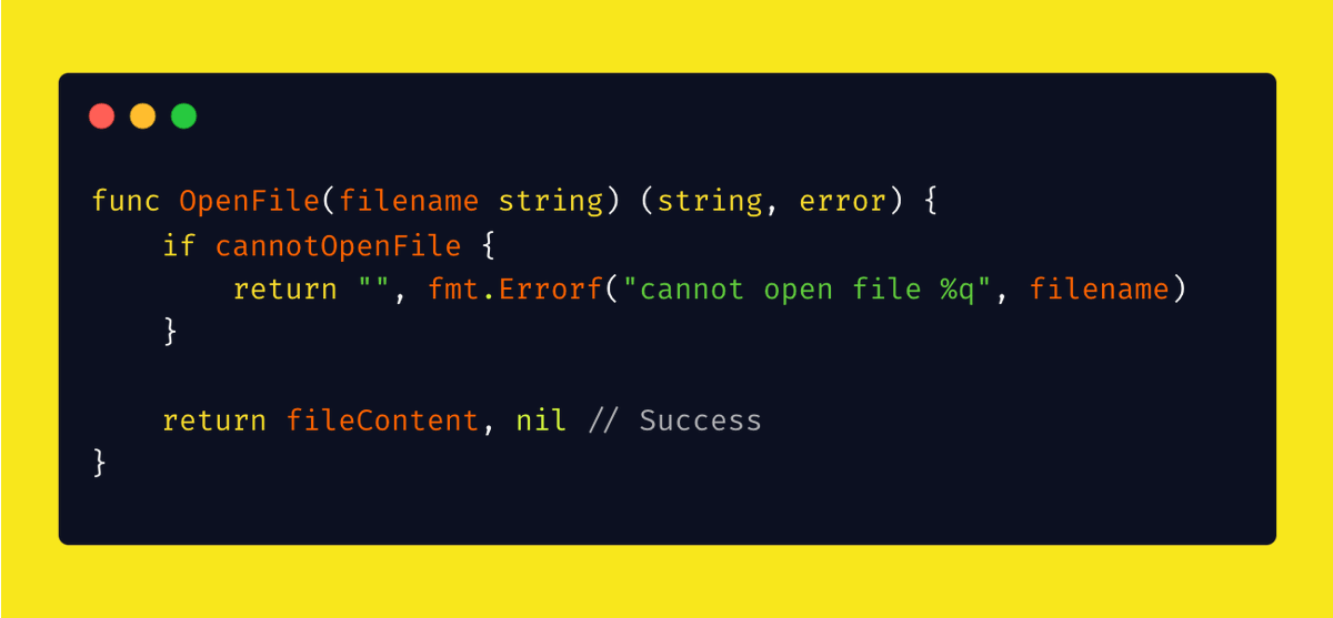 func25's tweet photo. 💡 Golang Tip #16: Don't Return -1 or nil to Indicate Error.

In other languages, it's common practice for functions to indicate errors or missing results by returning special values like -1, null, "",...

This is called "In-band errors".
The main issue with in-band error signaling is, it requires the caller to remember to check for these special values every time.

This is... error-prone.

Also, this approach is not the best (or even good) in Go since it supports multiple return values.

Go's solution: Multiple return values

A function can return its usual result along with an additional value (error or bool) that explicitly signals whether the operation was successful.

This makes the code clearer.
Using the result without checking the success indicator (ok bool) results in a compile-time error.

And this forces us to handle the possibility of failure explicitly:

So now, your code has 3 things (you don't even need to care):

Clear separation of concerns
Which part of the return value is the actual result and which part indicates the success or failure of the operation.

Forced error handling
The Go compiler requires developers to address the possibility of an error, reducing the risk of overlooking it (so, don't ignore errors with _).

Improved readability and maintainability
The code explicitly documents itself.

#golang