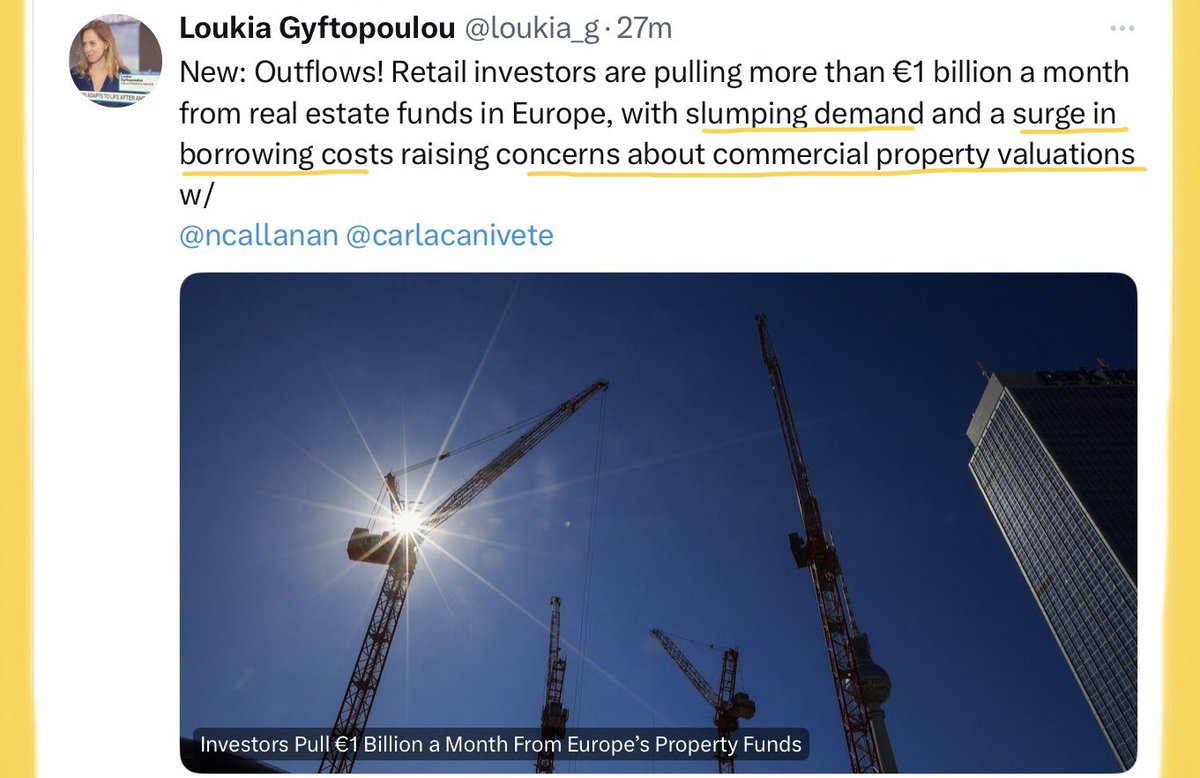 “Investors pull €1 billion a month from Europe’s Property Funds” bloomberg.com/news/articles/…
| #Bloomberg story by @loukia_g + @carlacanivete +@ncallanan

▫️@MorningstarInc > Net flows have been negative for 11 months.

▫️#Savills> Many open-ended funds face pressure to sell assets.