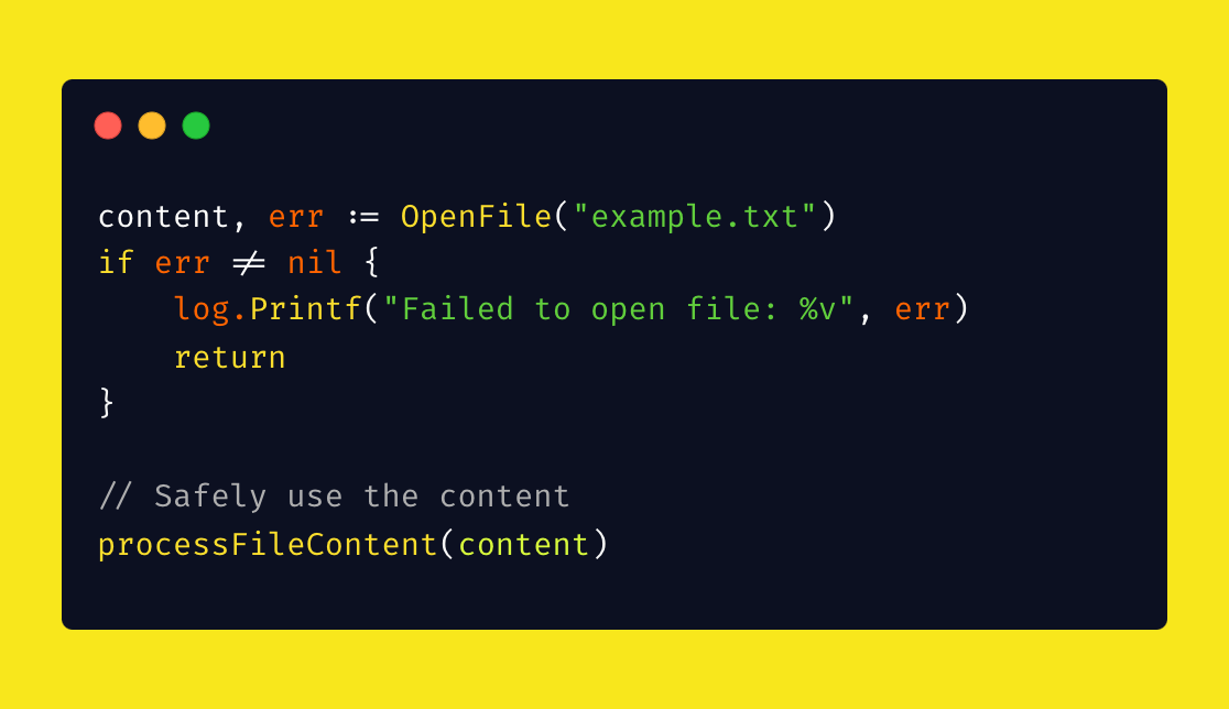 func25's tweet photo. 💡 Golang Tip #16: Don't Return -1 or nil to Indicate Error.

In other languages, it's common practice for functions to indicate errors or missing results by returning special values like -1, null, "",...

This is called "In-band errors".
The main issue with in-band error signaling is, it requires the caller to remember to check for these special values every time.

This is... error-prone.

Also, this approach is not the best (or even good) in Go since it supports multiple return values.

Go's solution: Multiple return values

A function can return its usual result along with an additional value (error or bool) that explicitly signals whether the operation was successful.

This makes the code clearer.
Using the result without checking the success indicator (ok bool) results in a compile-time error.

And this forces us to handle the possibility of failure explicitly:

So now, your code has 3 things (you don't even need to care):

Clear separation of concerns
Which part of the return value is the actual result and which part indicates the success or failure of the operation.

Forced error handling
The Go compiler requires developers to address the possibility of an error, reducing the risk of overlooking it (so, don't ignore errors with _).

Improved readability and maintainability
The code explicitly documents itself.

#golang