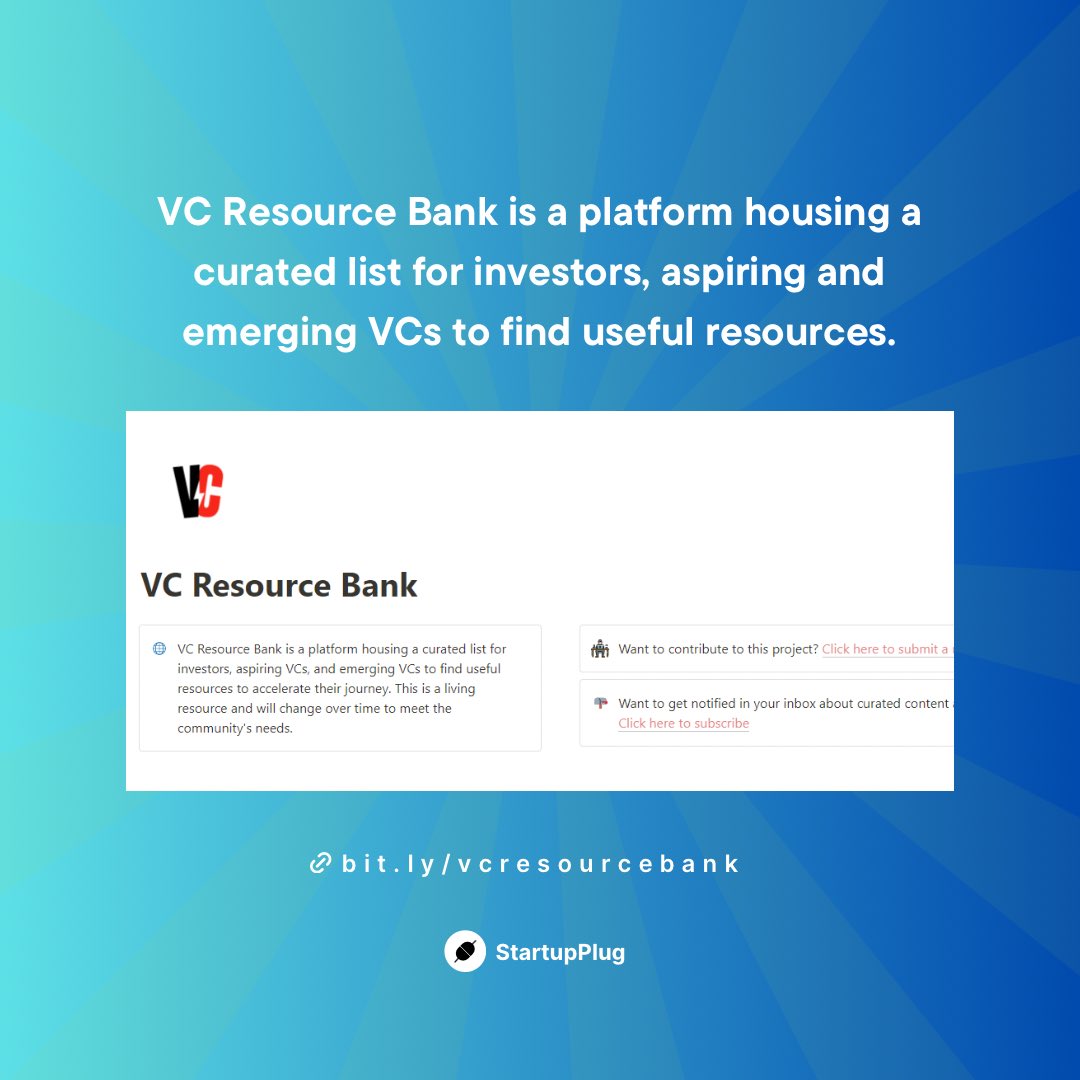 thestartupplug's tweet photo. VC Resource Bank is a platform housing a curated list for investors, aspiring VCs, and emerging VCs to find useful resources to accelerate their journey. 

Visit https://t.co/iSXbcwDnuy to access to this resource and click the link on our bio for more curated tools and resources. https://t.co/wgcHKYfvr3