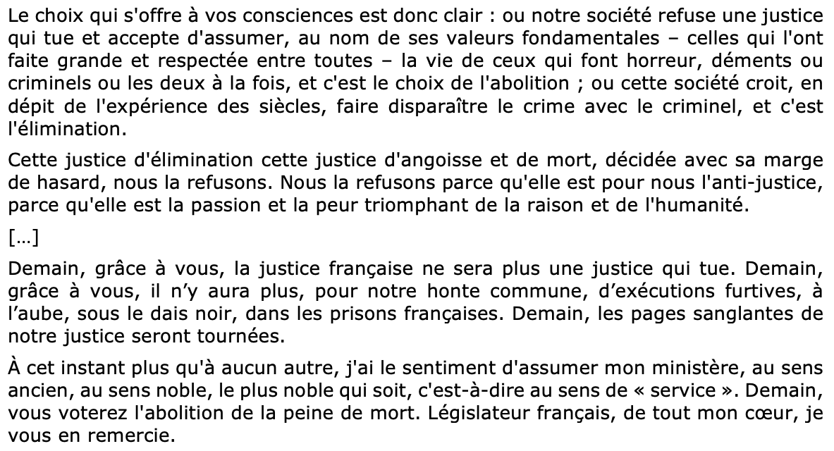 N_Hervieu's tweet photo. L'occasion de (re)lire un discours historique.

« Demain, grâce à vous, la justice française ne sera plus une justice qui tue (...) Demain, les pages sanglantes de notre justice seront tournées » (17 septembre 1981).

=> https://t.co/qOvDiVrk2n https://t.co/AvLmS0sELe