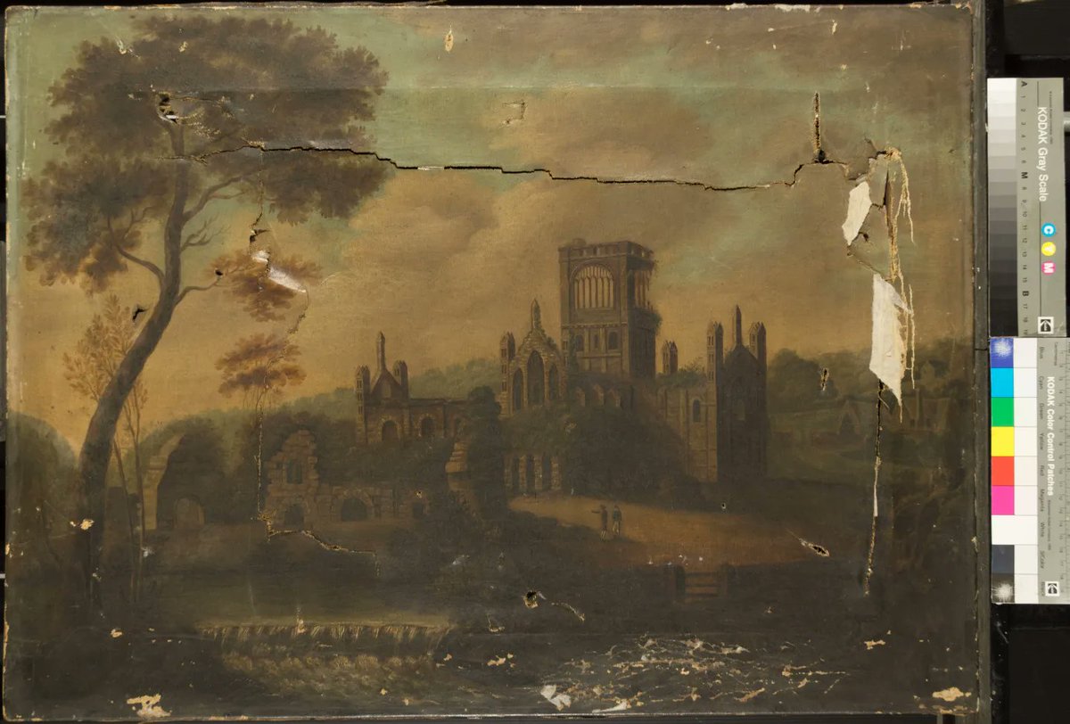 ckconservation's tweet photo. This mystery painting from @LeedsMuseums came to us for conservation last year. Once the facing tissue covering and holding it together was off, it was revealed to be Kirkstall Abbey. Painstaking tear repairs, re-lining, cleaning and retouching followed. A very rewarding project! https://t.co/yZoYqMjHga