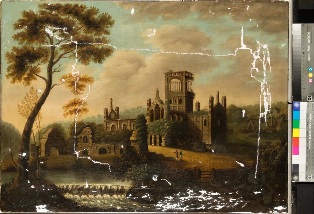 ckconservation's tweet photo. This mystery painting from @LeedsMuseums came to us for conservation last year. Once the facing tissue covering and holding it together was off, it was revealed to be Kirkstall Abbey. Painstaking tear repairs, re-lining, cleaning and retouching followed. A very rewarding project! https://t.co/yZoYqMjHga