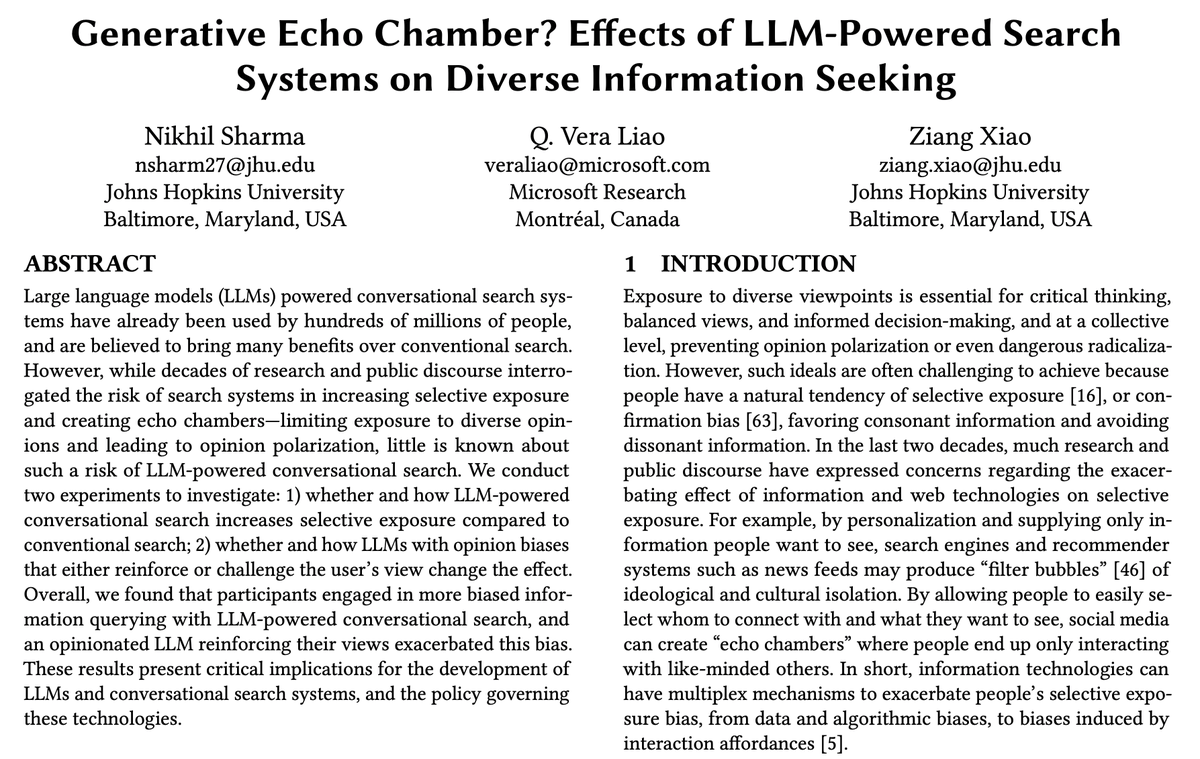 Concerns have long been raised about search systems creating filter bubbles and echo chambers, contributing to a divided society. What if LLM-powered conversational search makes these problems worse?
📢New paper accepted to #CHI2024: arxiv.org/abs/2402.05880
#LLMs #NLProc #HCI