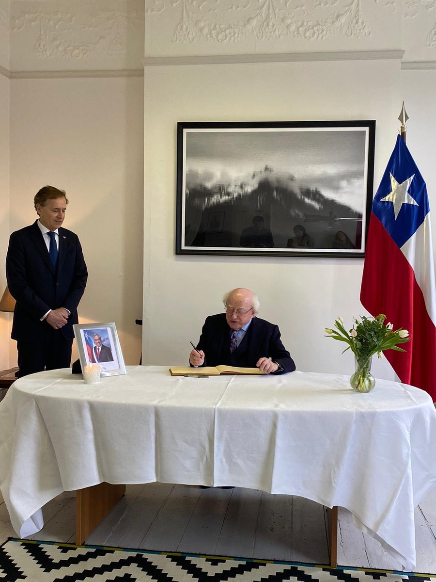 PresidentIRL's tweet photo. President Higgins this week visited @ChileinIreland and signed the Book of Condolences for Sebastián Piñera, former President of Chile, and expressed his sympathies for the victims of forest fires in Valparaiso. The President has also written to Chile's President @GabrielBoric https://t.co/C9IT4J8GEA