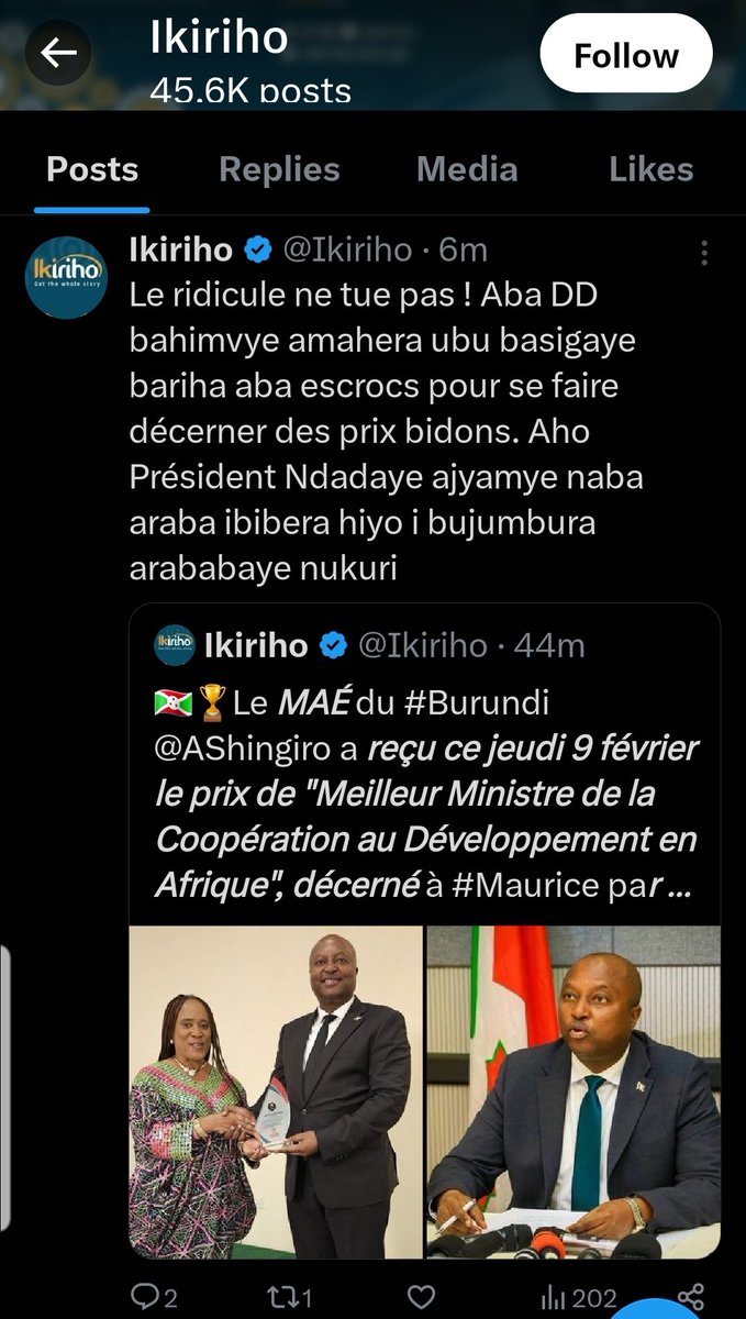 Couteau à double tranchant! Plus le singe monte haut, ... <a href="/Ikiriho/">Ikiriho</a> <a href="/AShingiro/">Amb. Albert SHINGIRO</a> <a href="/willynyamitwe/">Amb. Willy Nyamitwe</a> <a href="/albcontact/">Albert Rudatsimburwa 🇷🇼</a> <a href="/pnininahazwe/">Pacifique NININAHAZWE 🇧🇮</a> <a href="/rugbob78/">Dr.h.c. Bob RUGURIKA</a>