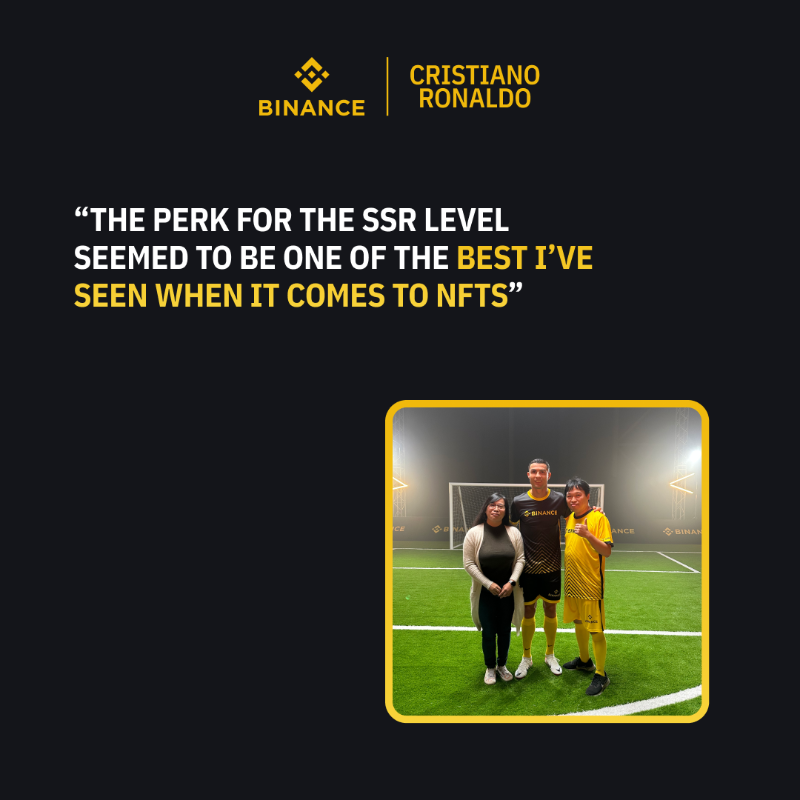 binance's tweet photo. What's it like to train with @Cristiano Ronaldo?

Hear it from the holders of the rarest ForeverCR7 NFTs.

Swipe for more 👉
