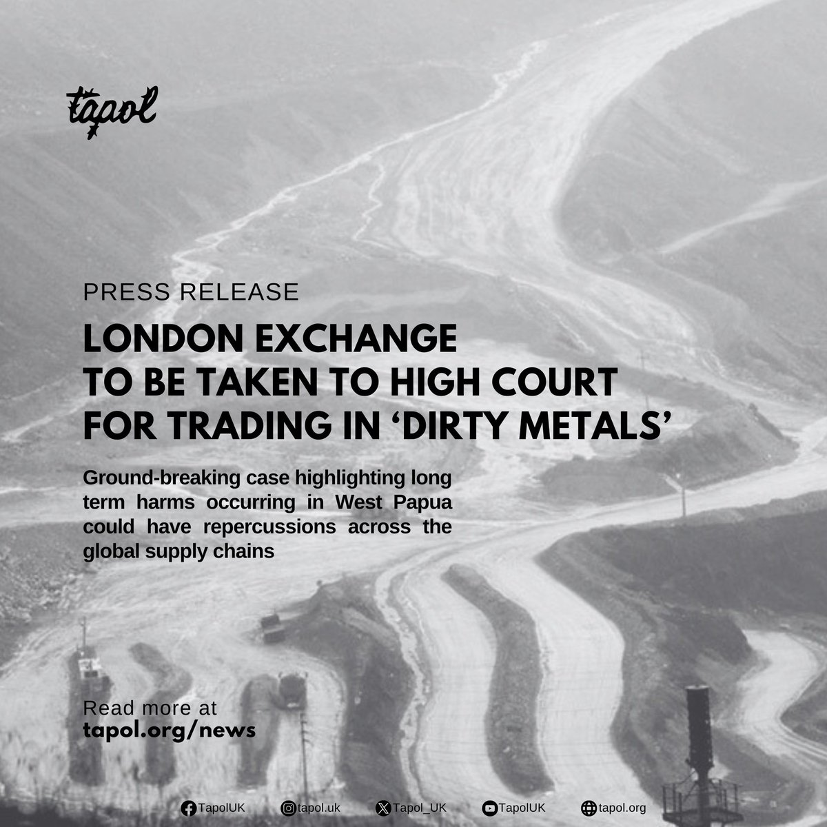 Our colleagues at London Mining Network (@londonmining) and Global Legal Action Network (@GLAN_LAW) have filed a landmark legal action at the UK High Court against the London Metal Exchange for trading metals from the environmentally devastating Grasberg Mine in #WestPapua.