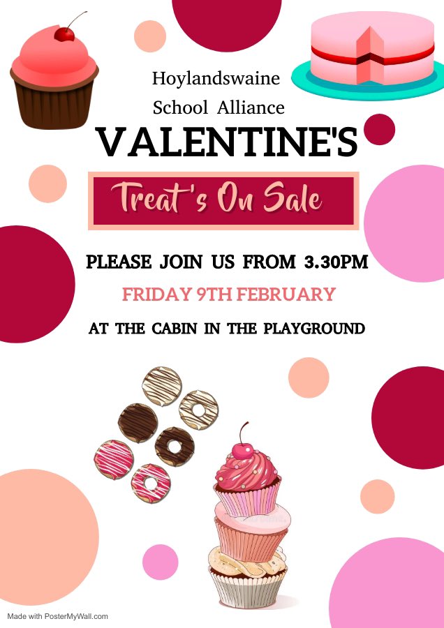 End of term treats will be available at 3.30pm today - see you there! 🍩🧁

We'll be in touch with a new date for the disco ASAP....

Have a lovely half term break💝
<a href="/HoylandswainePS/">Hoylandswaine Primary School</a>