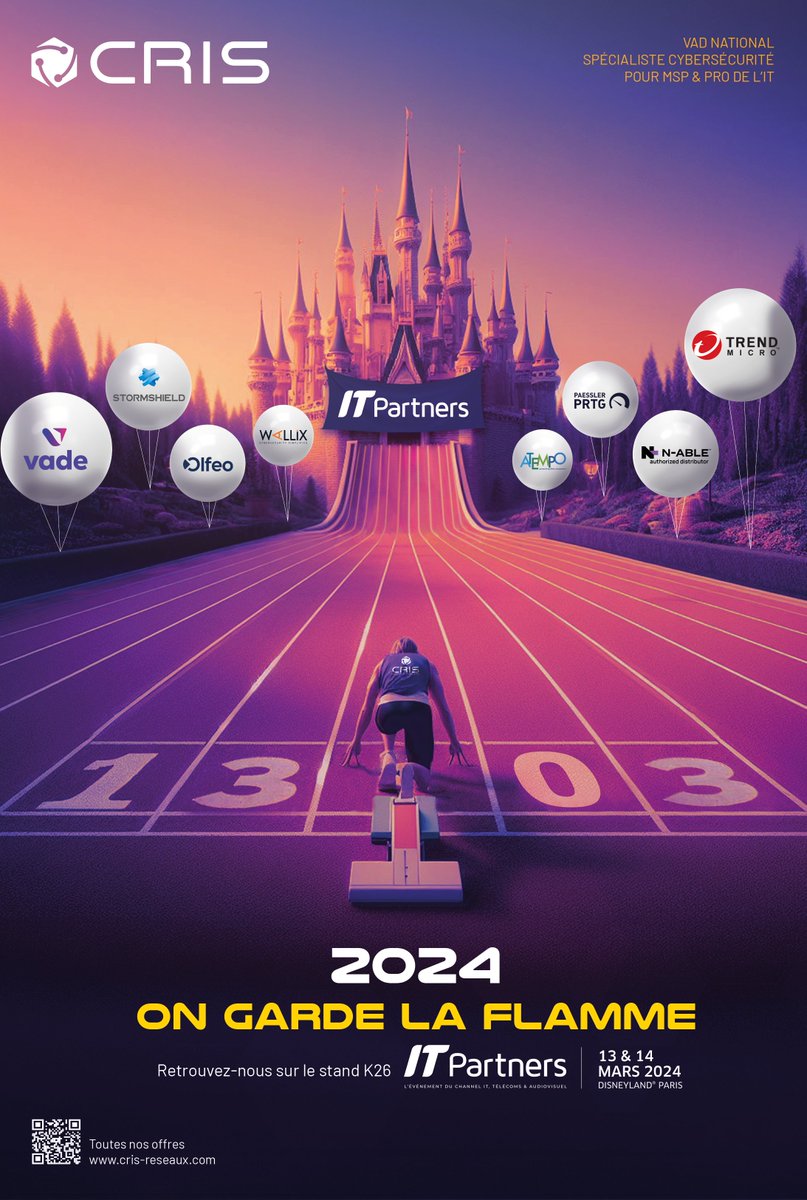 Cris_Reseaux's tweet image. IT Partners 2024 : Année olympique pour le Channel #IT 🥇

Retrouvez les équipes de @Cris_Reseaux  sur le stand #K26 🎈

2 pôles : 
• Souveraineté avec Stormshield, Vade, Olfeo, Paessler AG, Atempo &amp;amp; WALLIX Group
• #MSP avec Trend Micro Europe et N-able 🚀