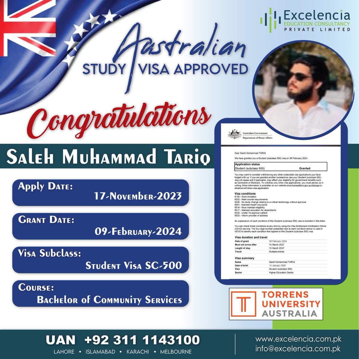 ExcelenciaEduc6's tweet photo. Hooray!🎉🥳 One more success story to share – our client has been granted his Australian study🇦🇺🇦🇺visa! 

📅 Application Submission Date: 17-11-2023
✅ Visa Grant Date: 09-02-2024

📍 Visit our Head Office:
251 Block C, Main PIA Road, Lahore,

📞 UAN: +92 311 1143100 https://t.co/37lCOCj5V2