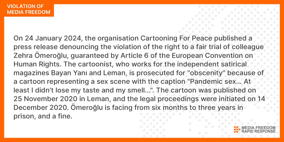 MediaFreedomEU's tweet photo. 🇹🇷 On 24 January, the organisation Cartooning For Peace published a press release denouncing the violation of the right to a fair trial of colleague @zehraomerovna, guaranteed by Article 6 of the European Convention on Human Rights: https://t.co/L6136e1VhC https://t.co/rLj6QhX9l3