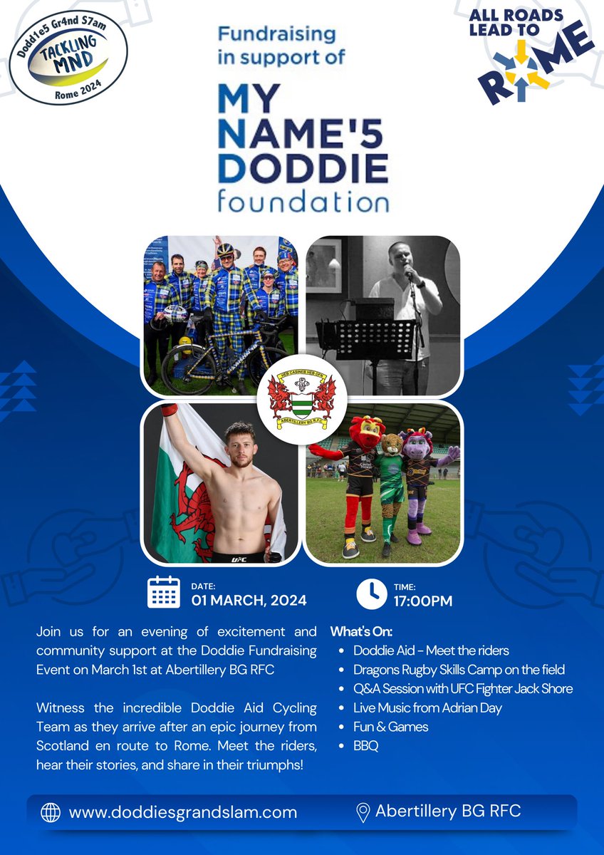 Join us for a fantastic evening at Abertillery BG RFC, rallying behind the 'My Name'5 Doddie Foundation, a cause close to our hearts! Catch the remarkable Doddie Aid Cycling Team as they make a pit stop in Abertillery during their extraordinary journey from Scotland to Rome!