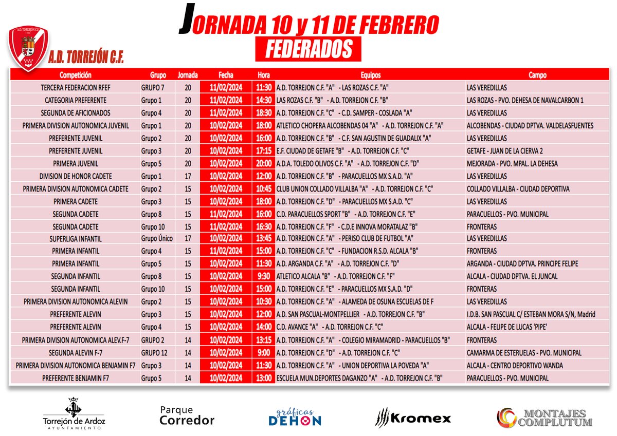 AdTorrejoncf's tweet photo. 🗓️Horarios para esta jornada🗓️ ❤️💪
#montajescomplutum #70AniversarioADT @TorrejonDxte https://t.co/RDvJXFojDn