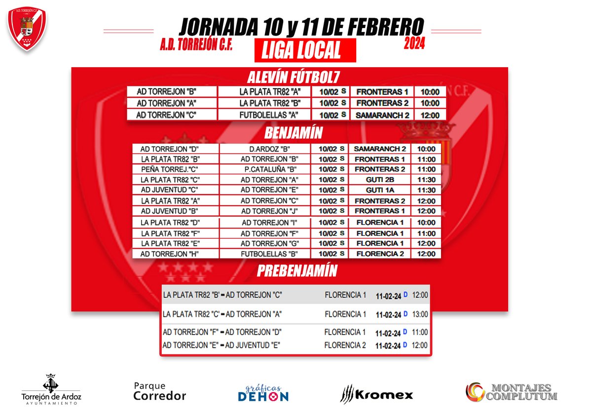 AdTorrejoncf's tweet photo. 🗓️Horarios para esta jornada🗓️ ❤️💪
#montajescomplutum #70AniversarioADT @TorrejonDxte https://t.co/RDvJXFojDn
