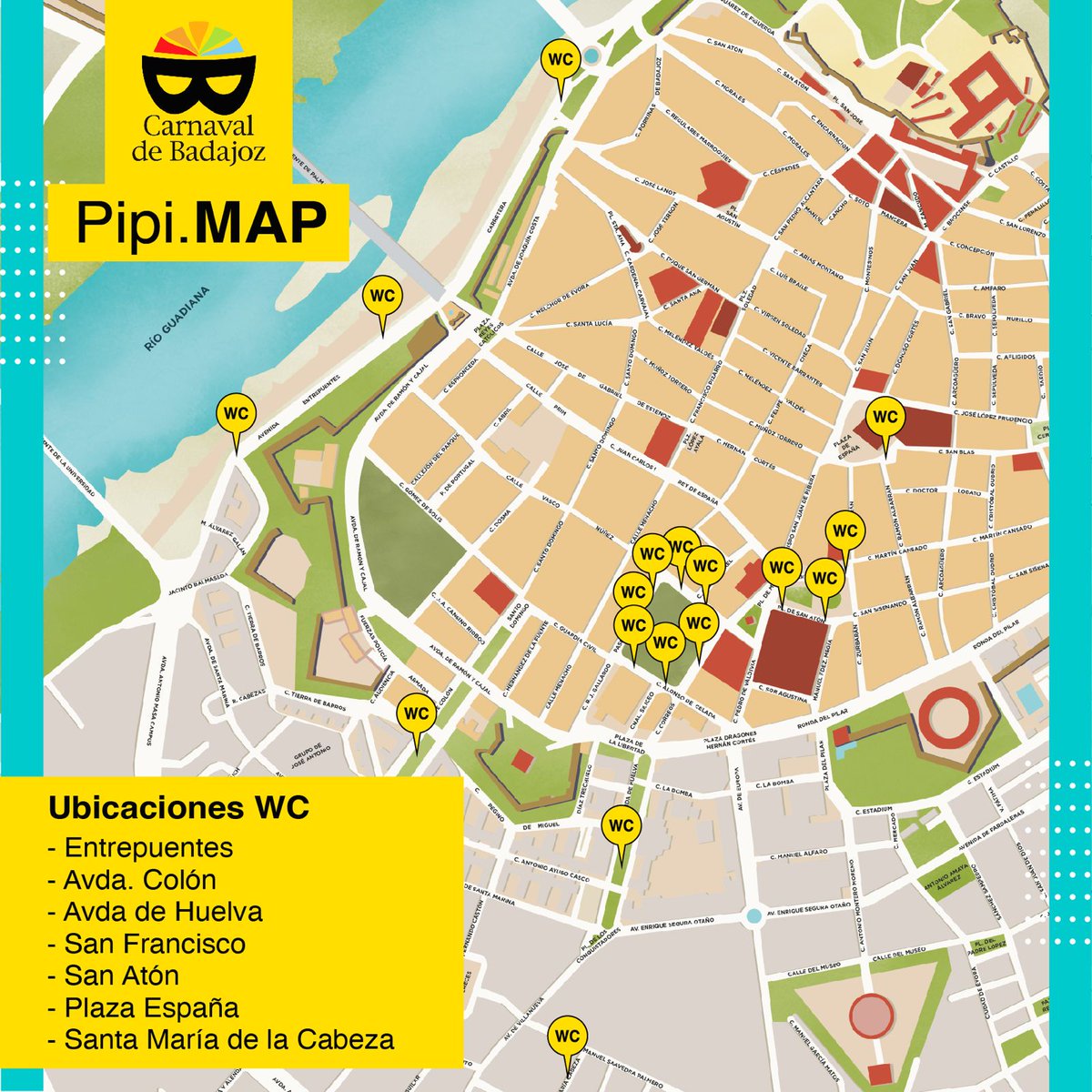 🚾 Pipi.Map del Carnaval de Badajoz

📍 Mapa con las ubicaciones de los aseos portátiles en las zonas carnavaleras:

Entrepuentes
Avda. de Colón
Avda. de Huelva
San Francisco
San Atón
Plaza de España
Plaza Santa María de la Cabeza

#carnavaldebadajoz #pipimap