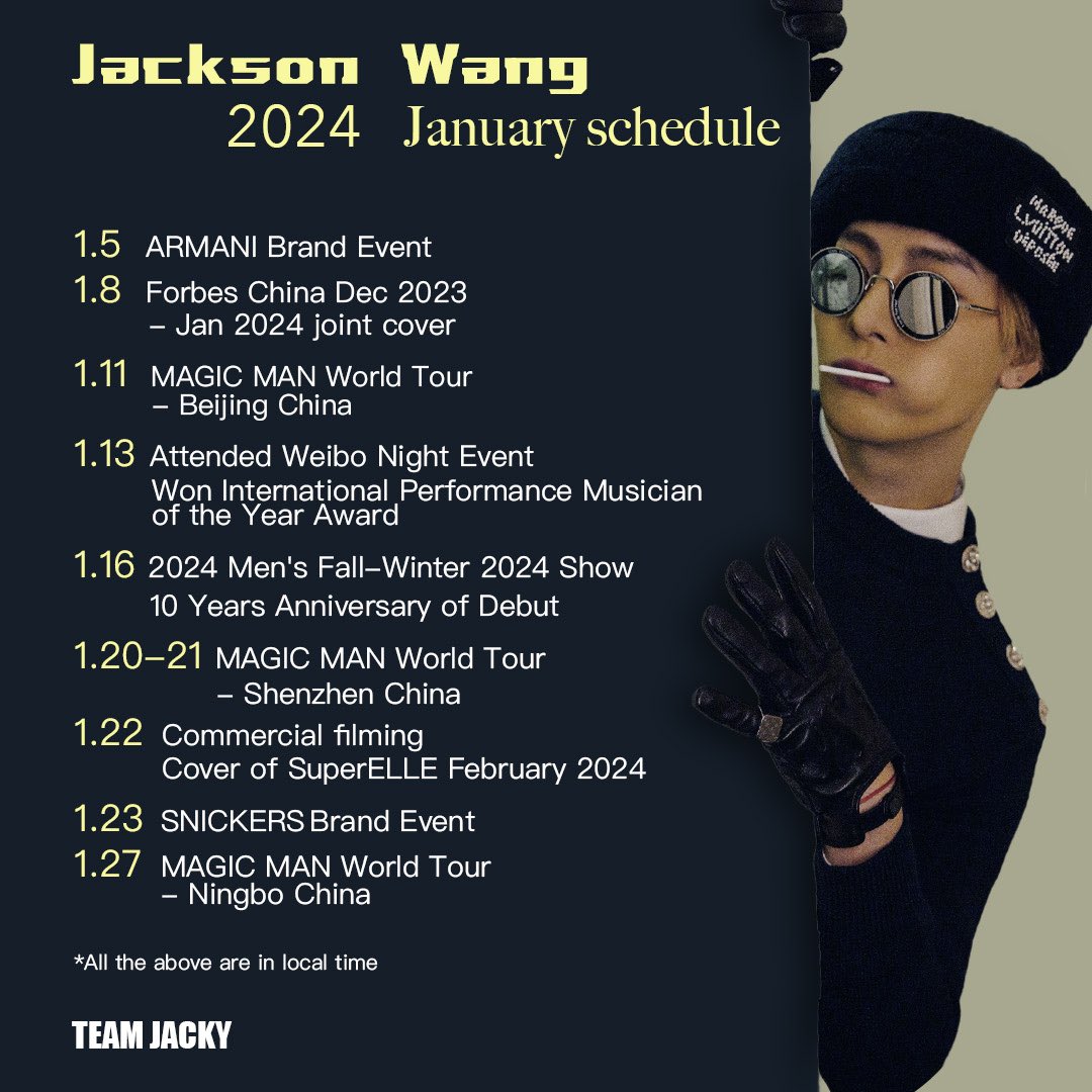 Jackson Wang January Schedule @JacksonWang successively participated in major events. Received the “Weibo International Musician of the Year. Covers of the Forbes and SuperELLE. MAGIC MAN world tour concluded perfectly💙Can’t wait for MM2🔥 #JacksonWang #TEAMWANG