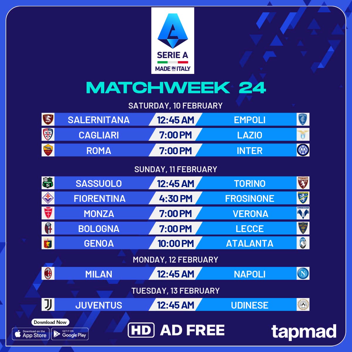 tapmadtv's tweet photo. Serie A battleground is all Set for Match Week 24! โฝ
Will Inter Milan's lionhearted squad fend off Juventus' relentless pursuit, or is the throne destined to change hands? ๐
#seriatim | #tapmad https://t.co/wFVfxE7Siz