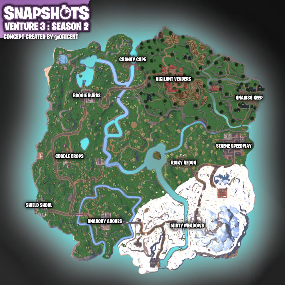 0ricent's tweet photo. Snapshots Venture 3 : Season 2 Fan Map Concept for the Concept Skirmish 2!

Went with a magic theme since I couldn't think of any cool modern ideas. Made this in like 2 days as well!
@PlaySnapshots #FortniteChapter5 #FortniteConcept #ConceptSkirmish2 https://t.co/h8fQu7sJRD