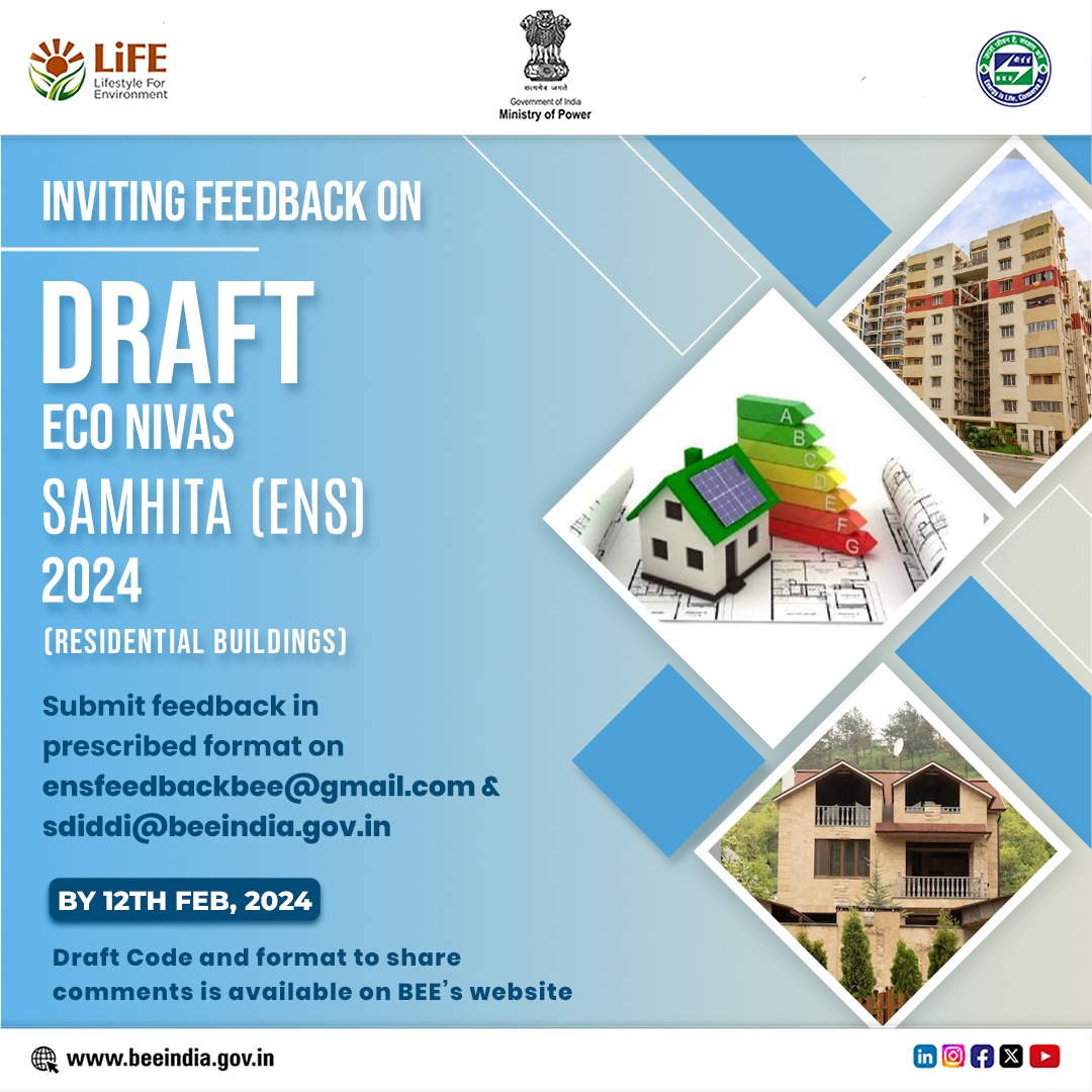 beeindiadigital's tweet image. In view of amendment to Energy Conservation Act in December 2022, Eco Niwas Samhita (#ENS) is under revision to #EnergyConservation & Sustainable #BuildingCode-Residential Building & termed as revised Eco Niwas Samhita 2024 (ENS 2024) for inclusion of #sustainability features.