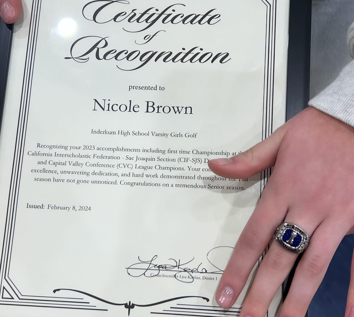 AthleticsNusd's tweet photo. Honoring the @IHSTigerSports Girls Golf Section Champs at halftime of the Girls Basketball game!! ๐๐ฝ๐๐๐ฝโฆ Rings presented & a special Certificate of Recognition from Councilmember Lisa Kaplan #waytogotigers #historymade #congratsCoachFong!! https://t.co/O79a2oFdGt