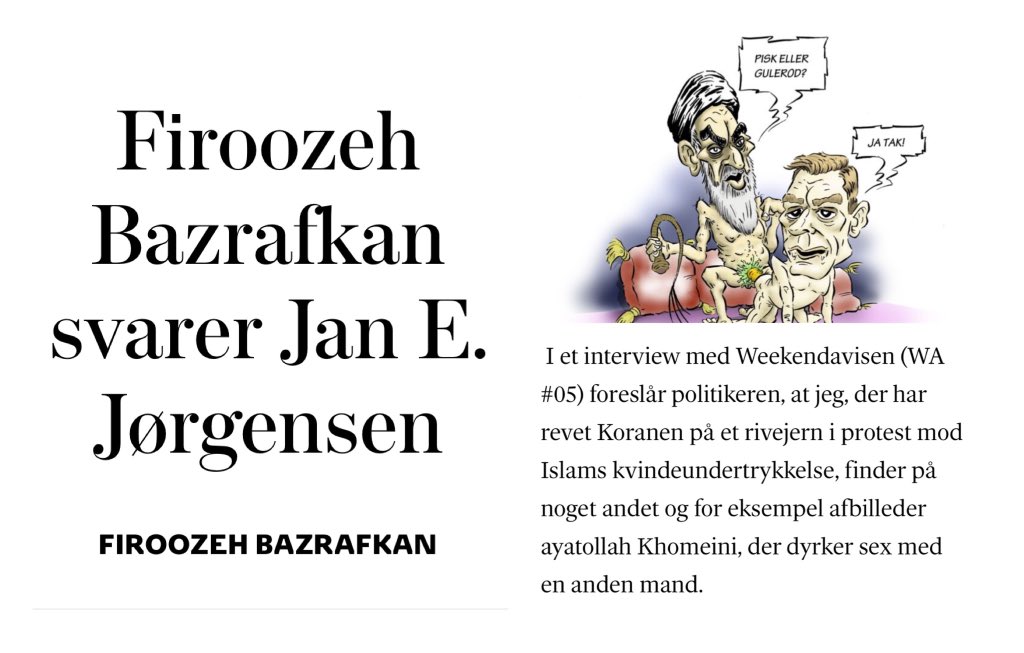 Jeg har ærligt sjældent grint så meget.

Og kom så til at tænke på, hvor mange magtmænd i verden, som ikke tåler satiren. 

Tak <a href="/FiroozehBazraf2/">Firoozeh Bazrafkan 👑</a> <a href="/FelixNikolaj/">Felix Nikolaj</a> <a href="/JanEJoergensen/">Jan E. Jørgensen</a> for tåretriller i <a href="/weekendavisen/">Weekendavisen</a> 
#dkpol #dkmedier

weekendavisen.dk/2024-6/opinion…