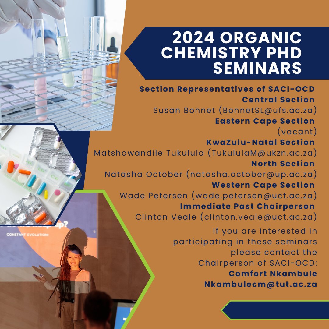 South African Chemical Institute (@saci_chemistry) on Twitter photo Looking to present your PhD work in organic chemistry? Looking for great discussion with other researchers? Take part in the SACI_OCD PhD seminar series. Contact the Chairperson of SACI-OCD, Comfort Nkambule Nkambulecm@tut.ac.za
#saci #research #organichchemistry #saci_OCD Looking to present your PhD work in organic chemistry? Looking for great discussion with other researchers? Take part in the SACI_OCD PhD seminar series. Contact the Chairperson of SACI-OCD, Comfort Nkambule Nkambulecm@tut.ac.za
#saci #research #organichchemistry #saci_OCD