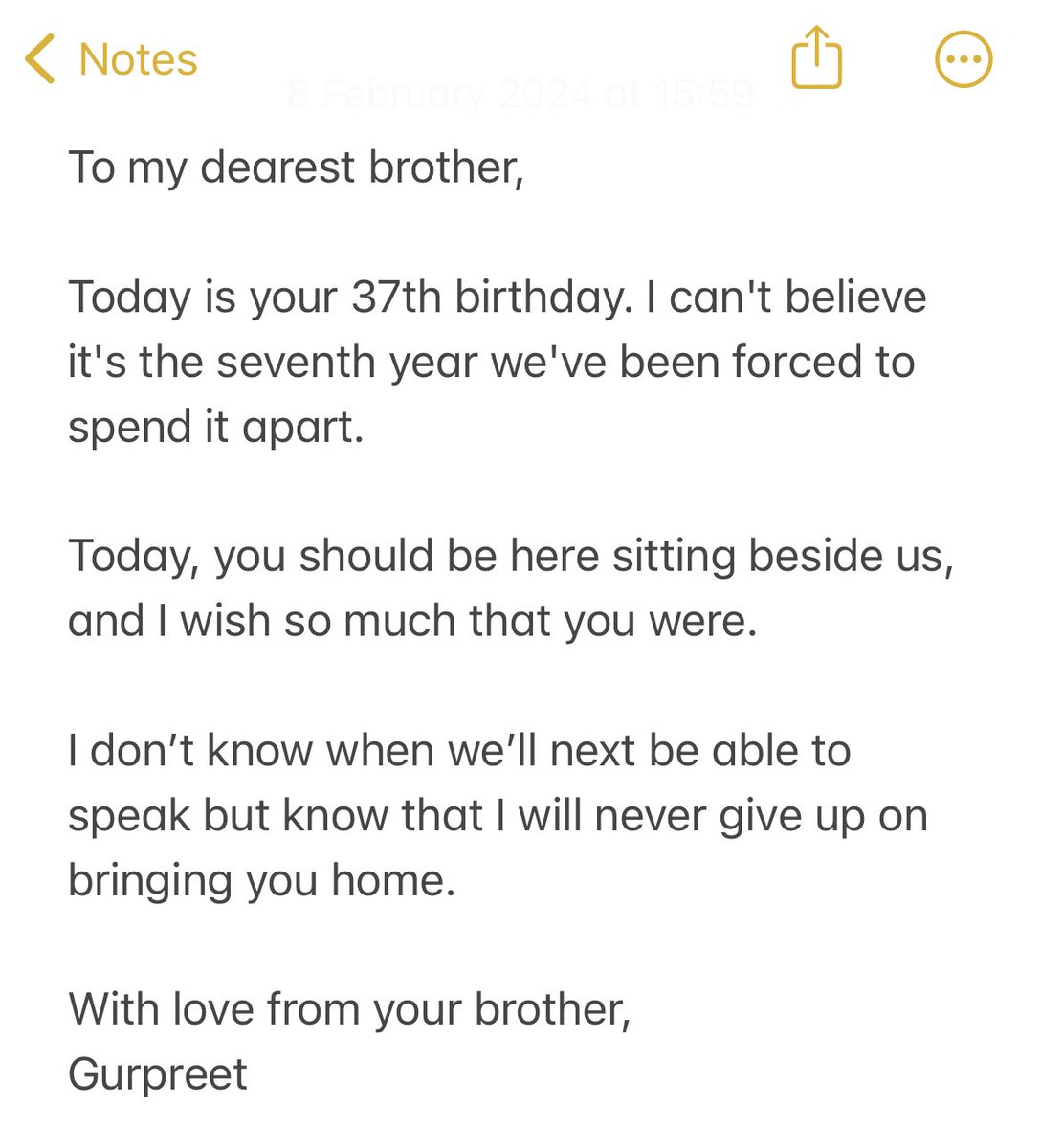 Today is my brother’s birthday. I won’t be able to speak to him today, so I am sharing my message to him here with you instead. If you don’t know anything about my brother’s story, I’ll tell you one thing. It’s a story of great injustice. #FreeJaggiNow 1/