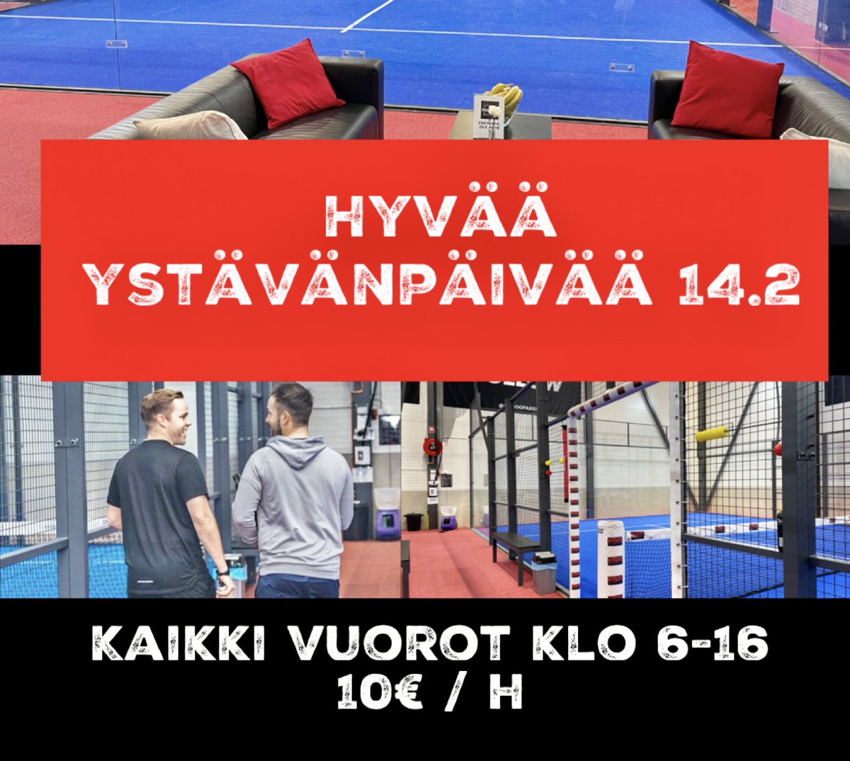 padel_9's tweet photo. Keskiviikkona 14.2 huikea ystävänpäivätarjous❤️ Kaikki irtovuorot klo. 6-16 vain 10€/h. Nyt kaverit koolle ja pelaamaan #Kangasala n huippukentille❤️ #Tampere #padel https://t.co/HhpCv4w0V4