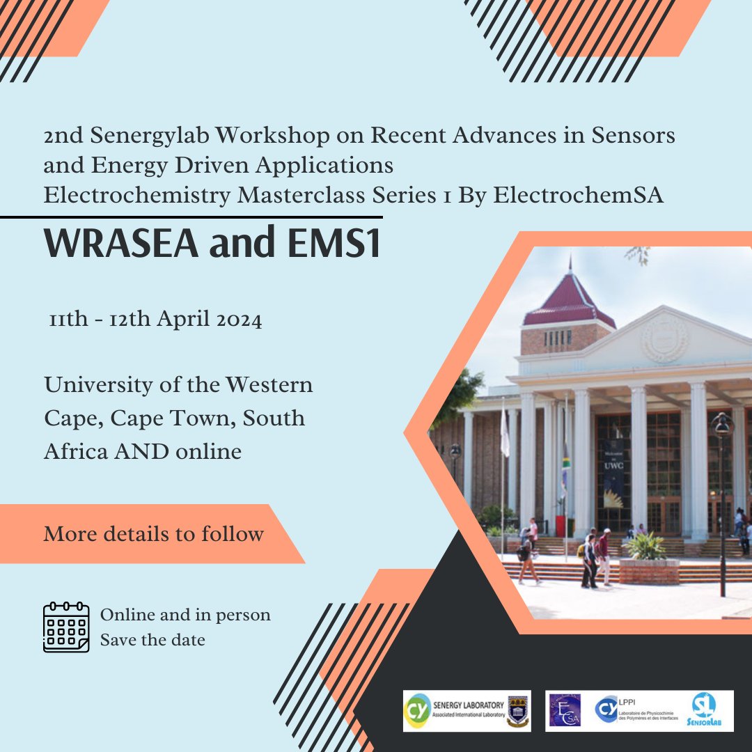 SAVE the date for the 2024 WRASEA and EMS1, a double-whammy! 11 and 12 April, 2024, at University of the Western Cape AND streamed online. 

#saci #electrochemistry #chemistry #energy