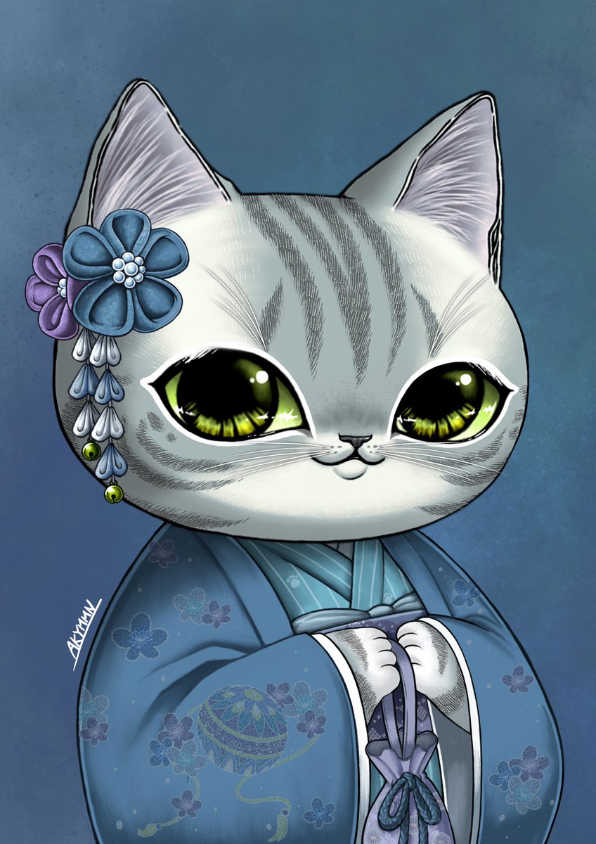 no humans japanese clothes kimono green eyes cat solo looking at viewer  illustration images