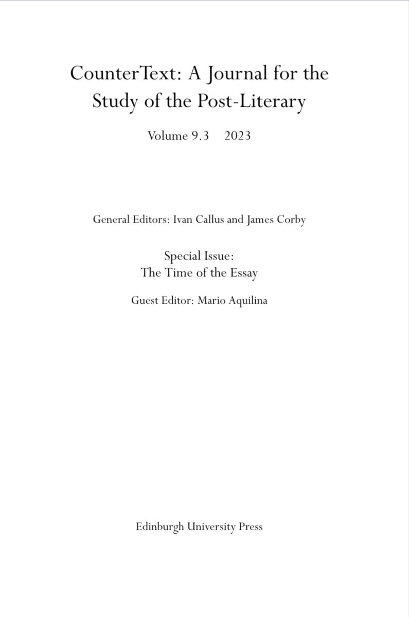 CounterText's tweet photo. #CounterText 9.3, a special issue called "The Time of the Essay", guest edited by @mario_aquilina2, is out now!
https://t.co/OaOJZmKKYH
@EdinburghUP 
@ProfJamesCorby 
@UMmalta https://t.co/spXj95Gz3Y