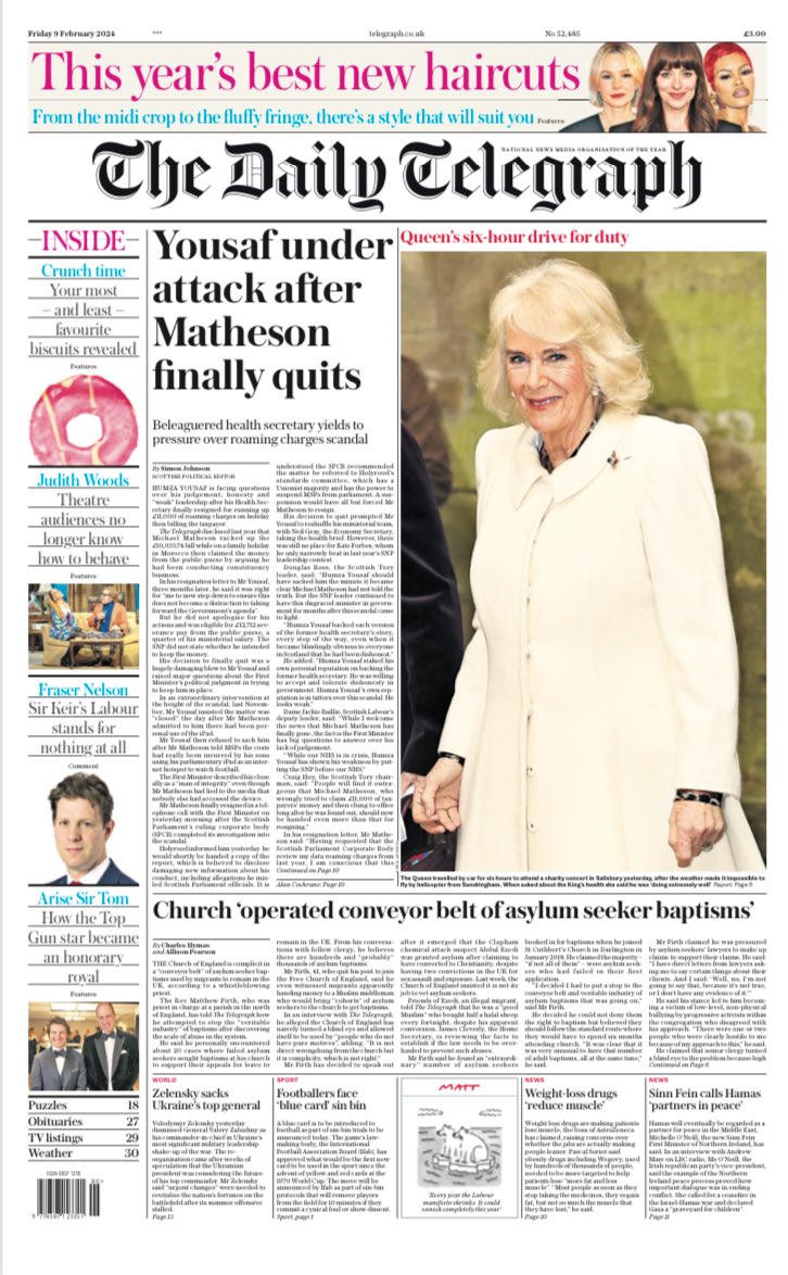 simon_telegraph's tweet image. The front page of today’s @Telegraph Scottish edition. Matheson resigned three months to the day after I broke the story
