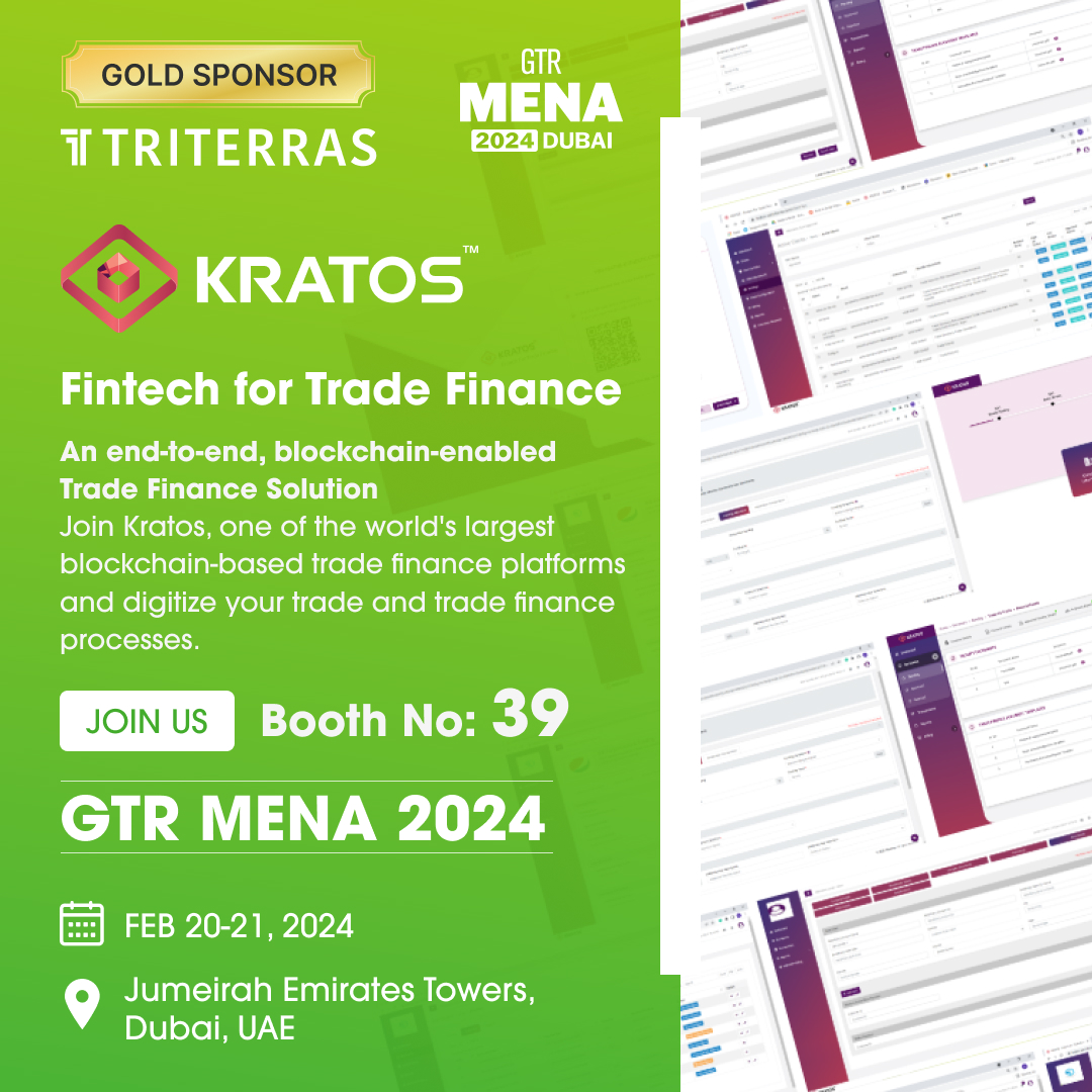 InvoiceBazaar's tweet photo. Triterras, a Gold Sponsor @ #GTRMENA from February 20 to 21.

Keen to find out how #KRATOS™, one of the world's largest #blockchain-based #TradeFinance platforms can help you digitize your business' trade processes?

Come speak to us onsite at the event - we're at #BoothNo39. https://t.co/9j4nWDjx1w
