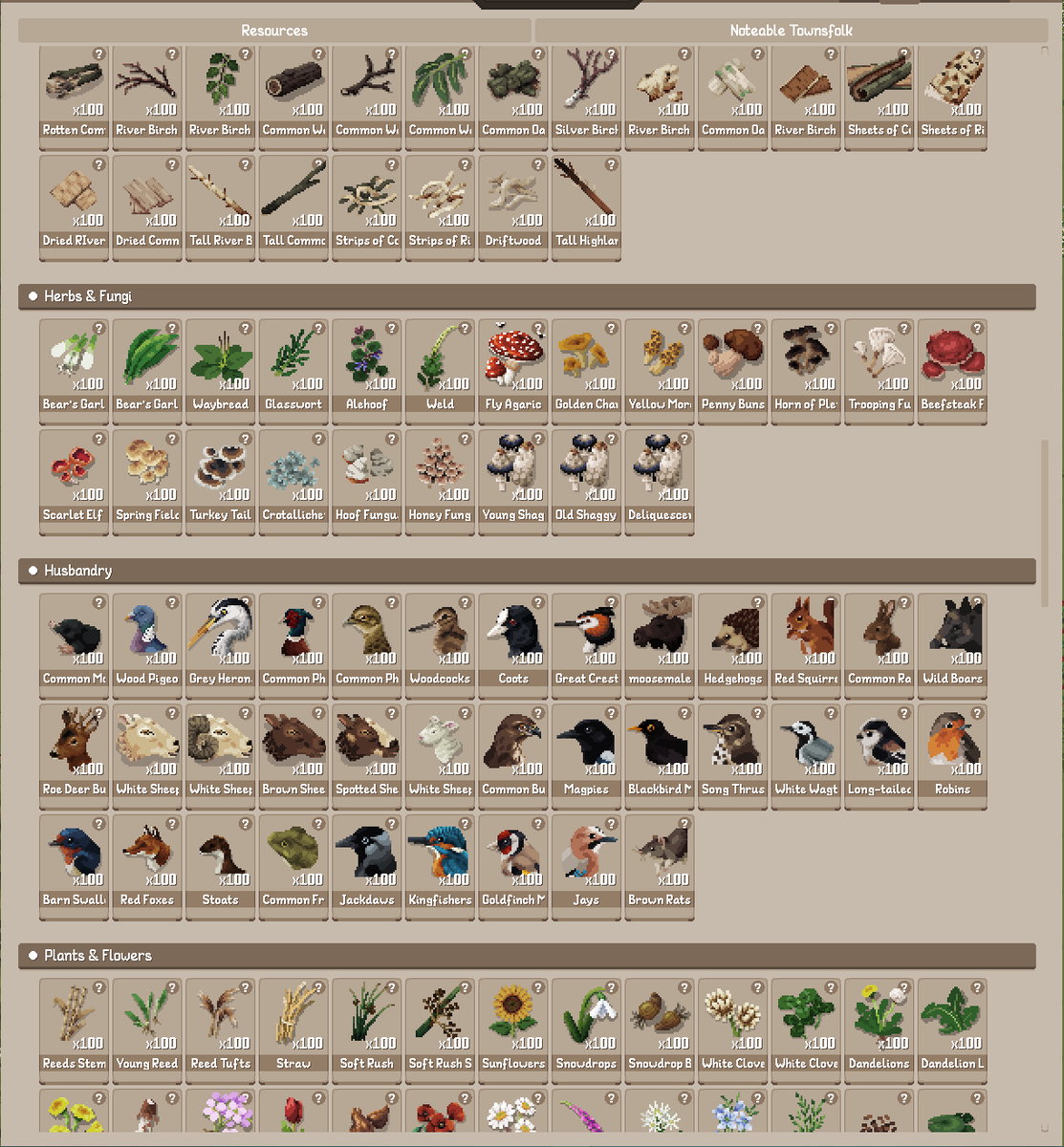 CrepuscularFluf's tweet photo. Something we did not show here before is how many resources our city  builder has! 
🌿What's a plant or animal you'd love to see in game? We'll  add it!🌿

#indiedev #indiegame #citybuilder https://t.co/6Vun3ZcQJs