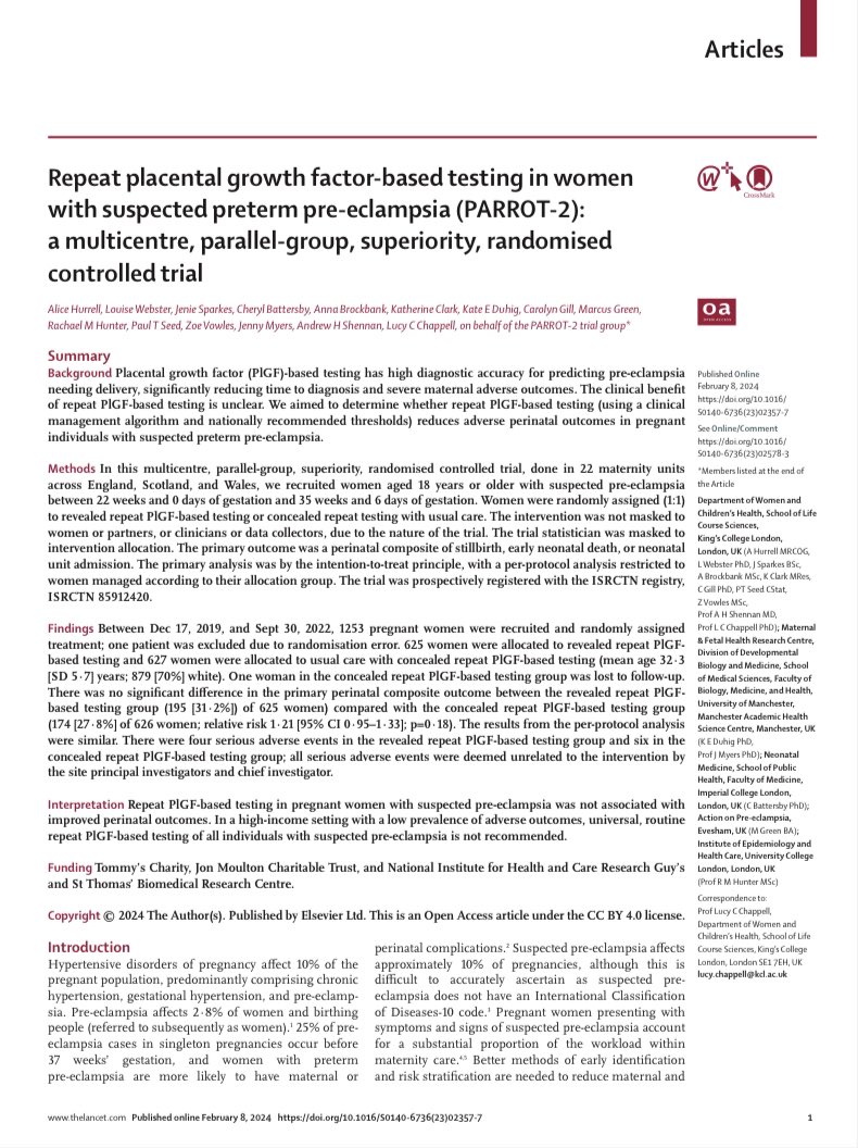 📣IMPORTANT STUDY ‼️ 

A single PlGF test is useful when pre-eclampsia is suspected. 

This RCT (22 UK hospitals) looks at REPEAT testing:
- high test performance for needing delivery &lt; 14d for but…
- no reduction in severe adverse outcomes

thelancet.com/journals/lance…