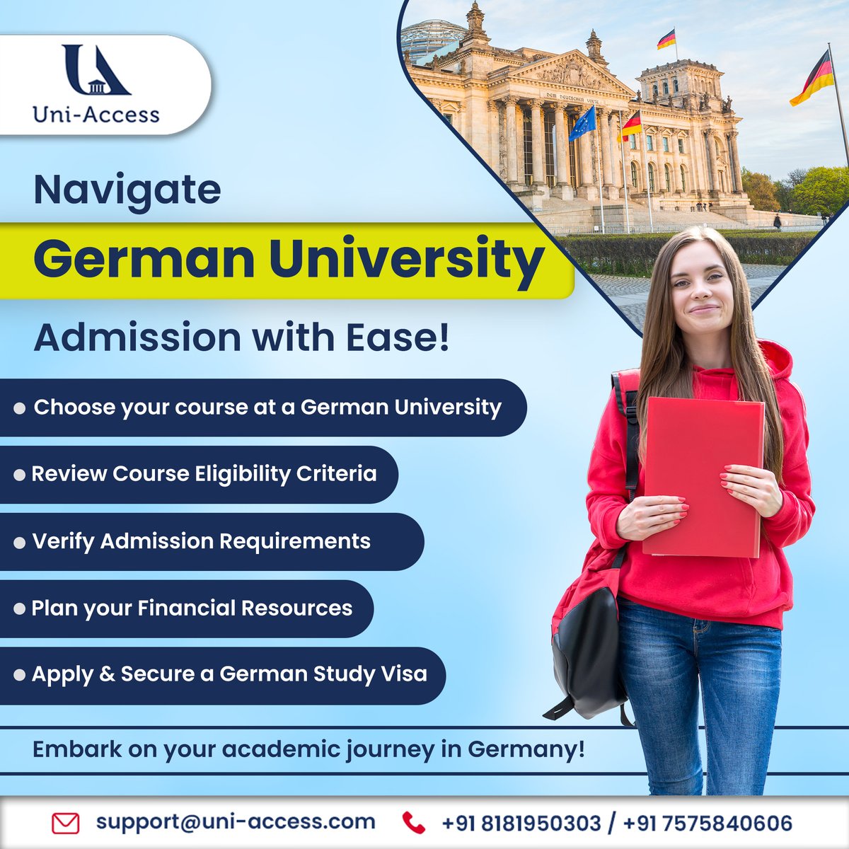 uni__access's tweet photo. Embark on your #academics journey in #Germany seamlessly with these essential steps!
Visit: 🌐 https://t.co/Fe2EJOgisB
#UniAccess #education #Scholarships #TOEFL #GMAT #IELTS #MBA #finance #application #study #studyabroad #bachelor #admission #visa #plan https://t.co/fZtqJEk29O