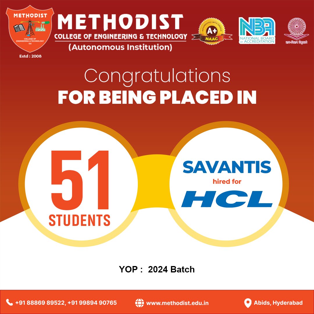 Congratulations for Securing Placement at HCL, Hired by Savantis! Your dedication and hard work have paved the way for a promising career.

#MCET #PlacementSuccess #MethodistEngineeringCollege #HCL #Savantis #CareerMilestone #JobPlacementSuccess #HardWorkPaysOff #NewBeginnings