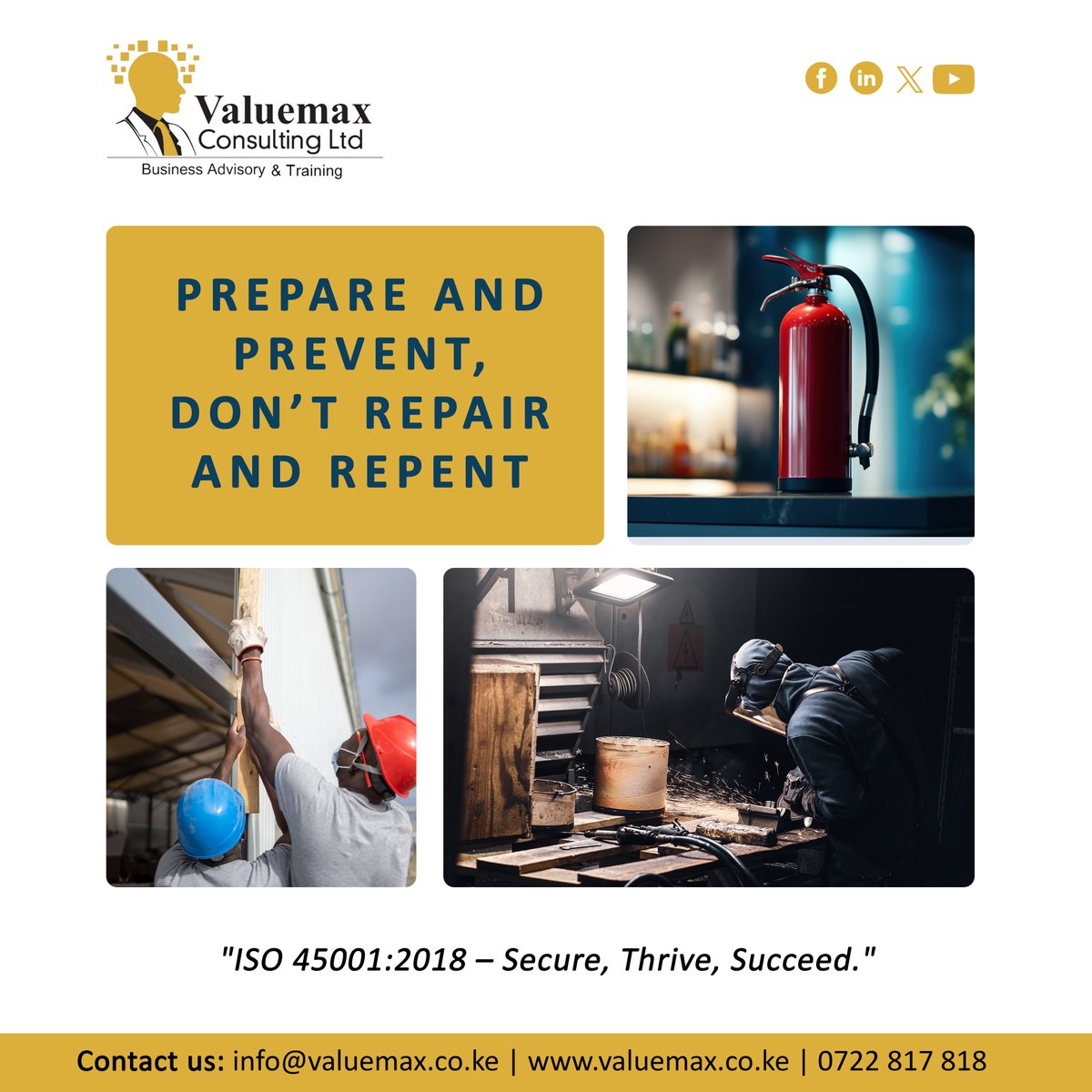 When it comes to safety, preparation & prevention is the way to go. How safe is your workplace to your staff and clients? 

#HSE #Occupationalsafety #WorkSafety #Friday