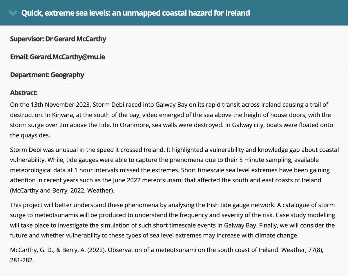 Anyone looking for a PhD? The Hume scholarship applications are open in Maynooth. I'm looking to recruit in the area of extreme sea levels. Let me know if you're interested in applying: maynoothuniversity.ie/graduate-resea…