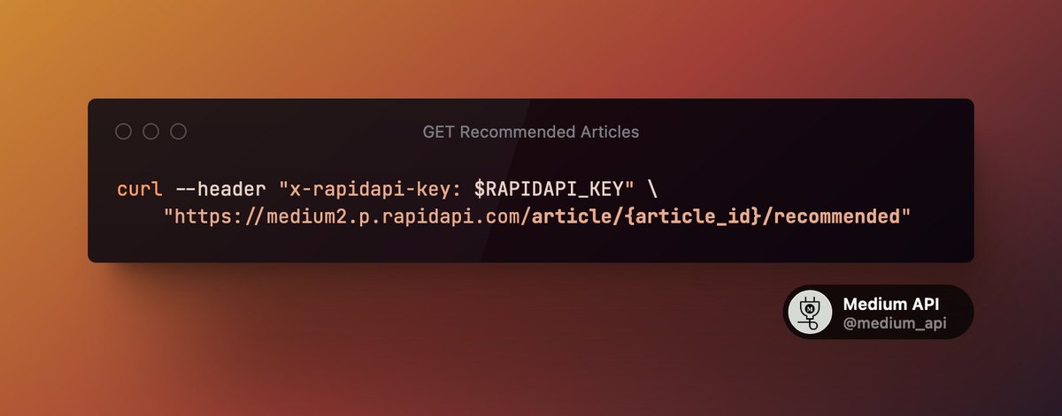 medium_api's tweet image. Calling all devs!
Feel the power of recommendation with our ๐ endpoint:
๐ GET /article/{article_id}/recommended
Get 10 personalized article suggestions directly from Medium based on any given article.
See the magic โจ and docs โก๏ธ mediumapi.com/documentation.โฆ
#MediumAPI #Update