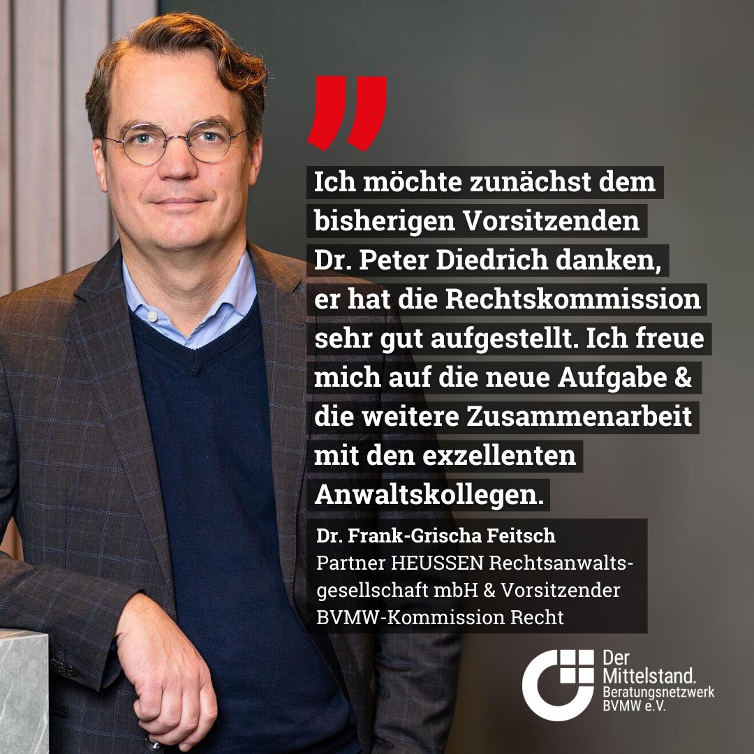 Wir gratulieren Dr. Frank-Grischa Feitsch | Partner Heussen Rechtsanwaltsgesellschaft mbH zu seiner neuen Position als Vorsitzender der #BVMW-Rechtskommission! 🎉

Mit diesen neuen Impulsen möchte er die Arbeit der Kommission weiter ausbauen 👉 bvmw.info/vorsitz-rechts…